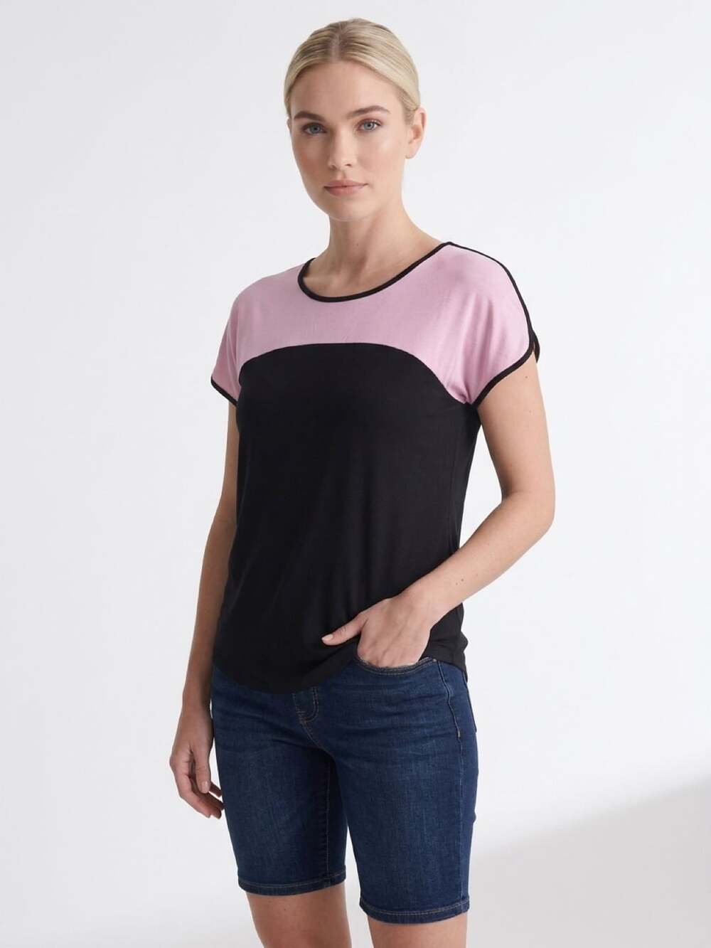 PerSeption Concept Top Size L Pink Black Short Sleeve Colorblock